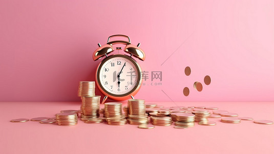 财富象征背景图片_粉红色背景的 3D 渲染，带有向上增长箭头钱币和象征投资利润发薪日概念的时钟
