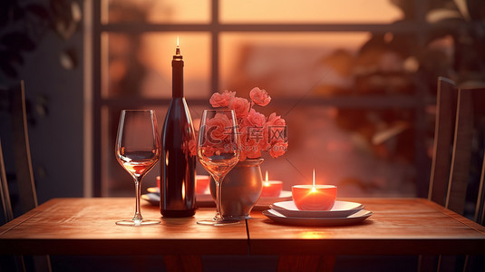 美食背景图片_两人餐桌浪漫晚餐，配有 3D 渲染的 ROS 瓶