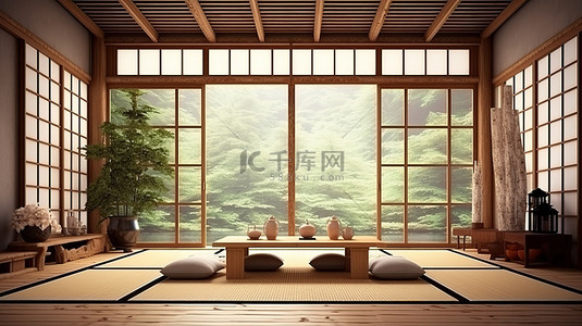 日式风格 3D 渲染的当代禅室