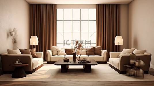 精致的起居空间奶油色和棕色调色板，配有深色木家具棕色布艺沙发和 3D 渲染