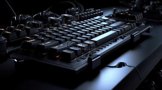 游戏海报背景图片_黑色背景上的黑色电脑键盘对流媒体设备和玩家工作区概念的 3D 渲染