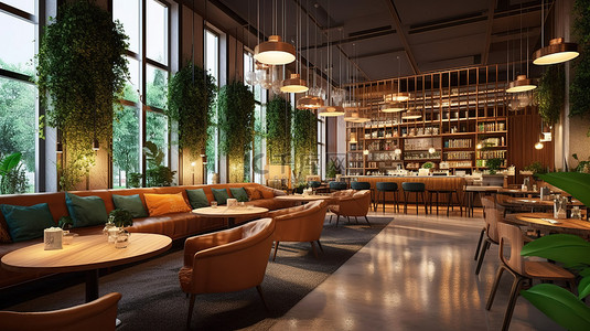 3D 渲染中餐厅休息室的未来愿景
