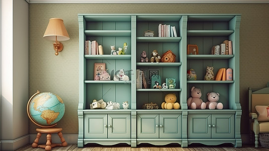 传统儿童房 3D 渲染中的普罗旺斯风格儿童家具，配有双橱柜和书架，用于放置玩具和书籍