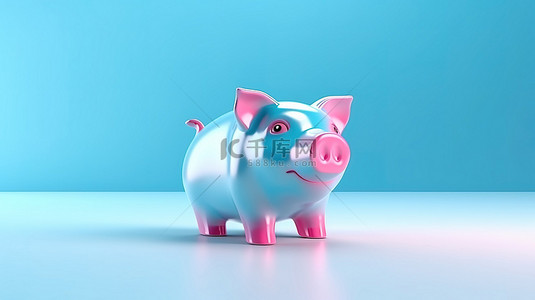 白色背景和浅蓝色平台下粉红猪的生动 3D 渲染