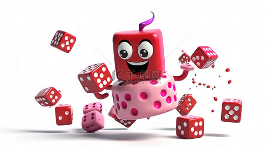 骰子背景图片_釉面草莓粉色甜甜圈吉祥物的飞行，白色背景 3d 渲染上带有红色游戏骰子立方体