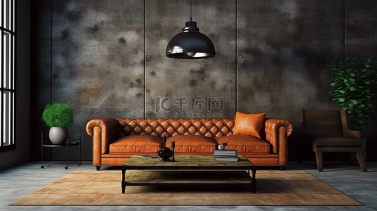 工业风格客厅真皮沙发和 3D 渲染的脏墙