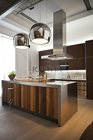 厨房背景图片_带不锈钢橱柜和木板的厨房