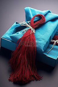 围巾流苏背景图片_礼品盒里有一条带流苏的蓝色围巾