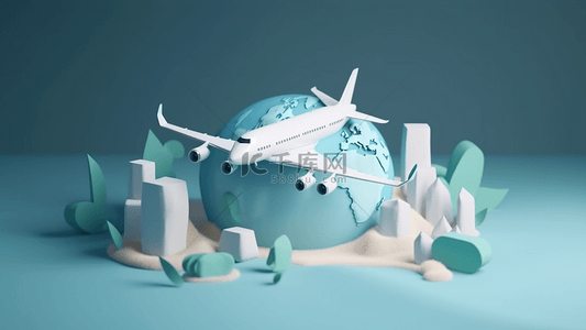 地球飞机抽象建筑物卡通立体3d旅行广告背景