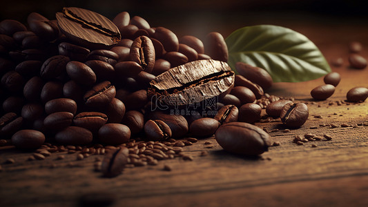 木板咖啡背景背景图片_咖啡豆叶子木板背景