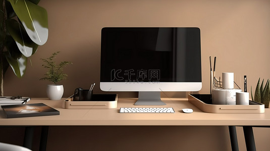 桌上有台式电脑的样机办公室的 3D 插图