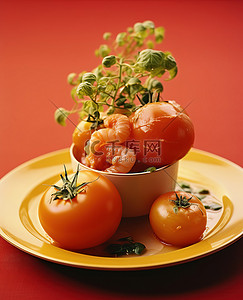 锅中西红柿的图像，盘子上放着香草和调味料