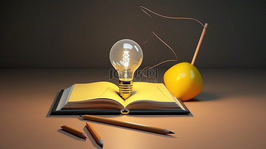 一本发光的黄色书和铅笔，用灯泡悬挂在 3d 空间中