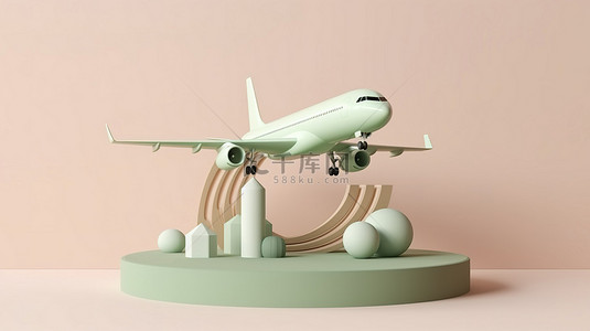 航空公司背景图片_登上领奖台的柔和绿色和白色飞机的 3D 渲染，准备在柔和的背景下起飞