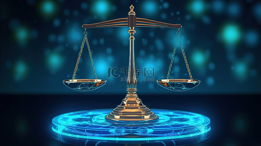 法庭法官背景图片_蓝色背景上的全息司法尺度象征着 3d 的判断和司法机构