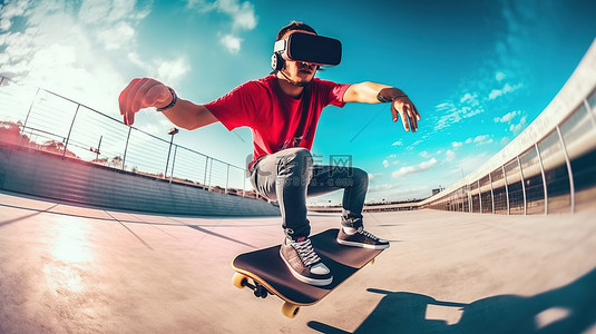 胡子眼镜背景图片_专业男性滑板运动员戴着 VR 眼镜沉浸在 3D 游戏中
