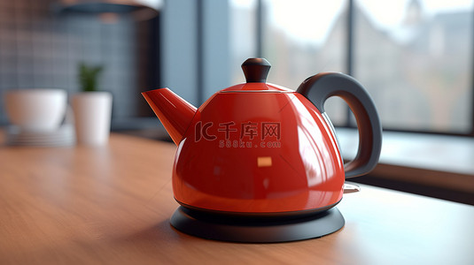 热水壶背景图片_桌上现代红色电茶壶或水壶的 3D 渲染特写