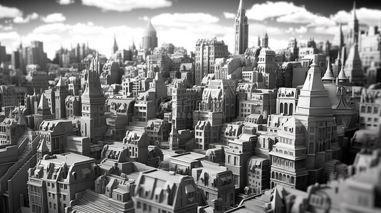 水平方向单色城市景观的高清 3D 渲染