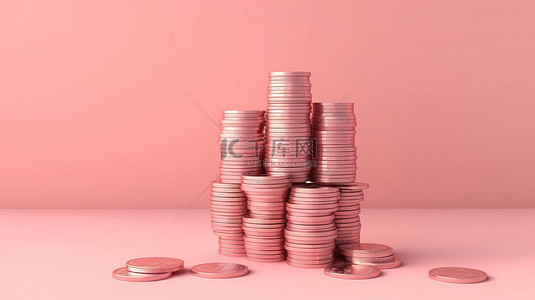 手幅图背景图片_粉红色柔和的孤立背景，以成捆的现金和成堆的硬币为特色，3D 渲染图说明了无现金社会的省钱好处
