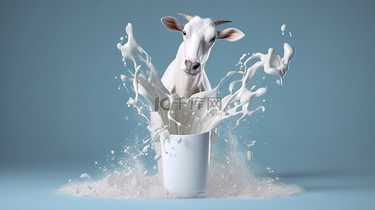 山羊形状的 3D 渲染牛奶流象征着通过饮用牛奶获得的力量