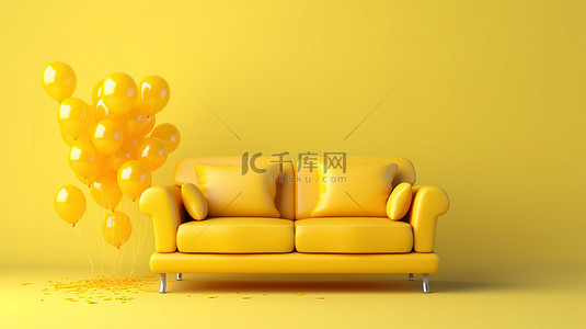 搬迁背景图片_高效省时的运输 3D 渲染黄色沙发，带有气球，方便搬迁