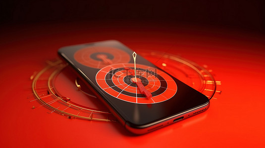 飞镖板上红色背景商业概念手机的 3D 插图