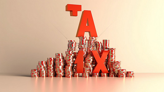 政府模板红色背景图片_税收上涨图示红色向上箭头，3d 浅色背景上带有“税收”一词