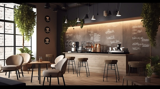 带横幅和菜单样机的咖啡馆建筑设计的 3D 插图