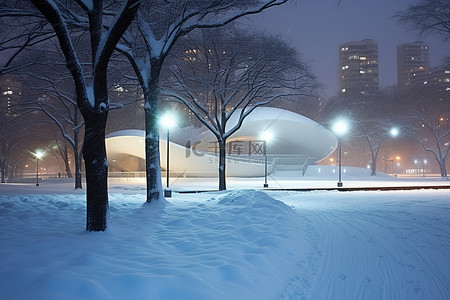 一场大雪落在公园和积雪覆盖的建筑物上