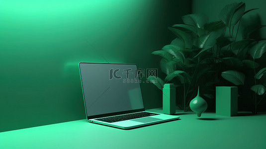 绿色背景 3d 笔记本电脑样机与简约设计