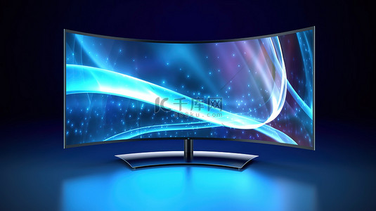 时尚弧形 LED 液晶电视显示屏，冷蓝色调 3D 艺术演绎