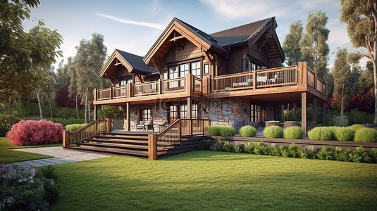 精美的 3D 住宅，带有宽敞的木甲板和修剪整齐的草坪