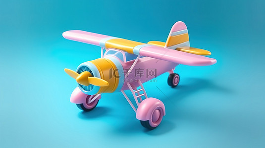 在飞机上卡通背景图片_在蓝色背景 3D 渲染上为儿童模拟粉色塑料双翼飞机玩具