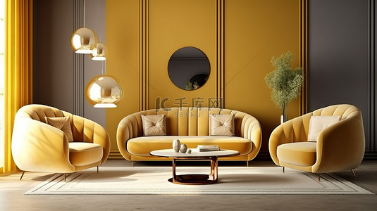 令人惊叹的米色内饰，配有黄色软垫家具和优雅的金色边桌，配有装饰 3D 渲染