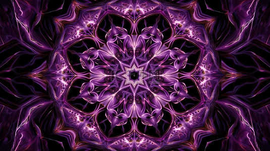 3D 插图中具有对称紫色万花筒装饰和几何线条的抽象背景