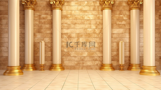 金色柱子金色背景图片_砖墙背景的优雅金色柱子的 3D 渲染