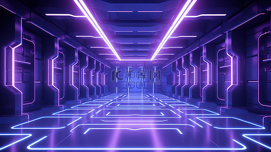 霓虹灯点亮的科幻室，具有黑暗的未来氛围 3D 渲染