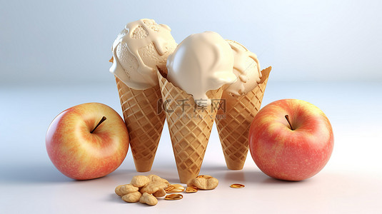 美味的苹果冰淇淋搭配酥脆的华夫饼锥，并以令人惊叹的 3D 插图捕捉