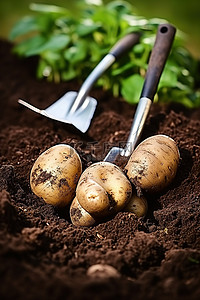 单挑一群战场背景图片_一群土豆和一把铲子在泥土里