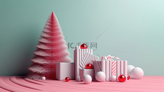 3D 渲染的松树礼品盒糖果手杖和圣诞球圣诞节和新年的节日设计