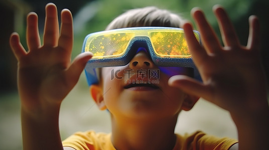 一个戴着 3D 眼镜的小孩开玩笑地用手遮住眼睛