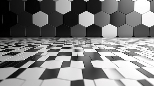 黑白六边形瓷砖硬木地板的简约 3D 渲染
