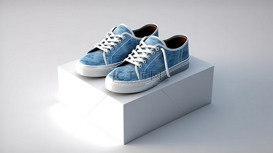 尚新背景图片_新设计的牛仔布踢在原始鞋盒白色背景 3D 模型上