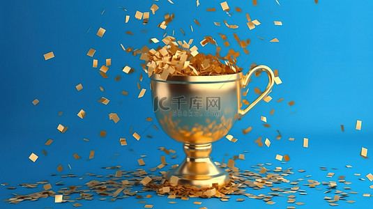 中奖背景图片_蓝色背景下洒满五彩纸屑的金色奖杯的 3D 渲染