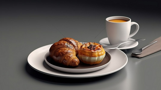 羊角面包和咖啡杯搭配灰色 3D 渲染上的汉堡