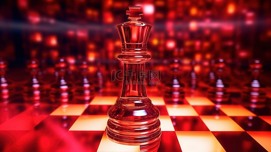 带有红色国际象棋王的棋盘的三维渲染