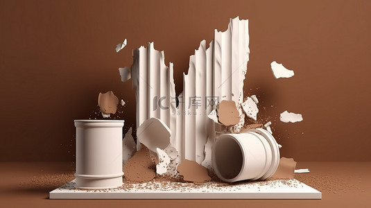 产品展示广告 3D 渲染白色讲台，棕色背景上有裂缝