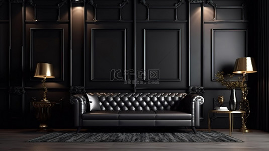 优雅华丽背景图片_华丽的经典风格室内生活与优雅的黑色墙壁和花岗岩瓷砖装饰 3D 渲染