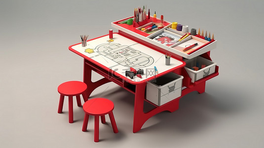 儿童等距单色绘画桌的 3D 渲染完美红色幼儿园家具