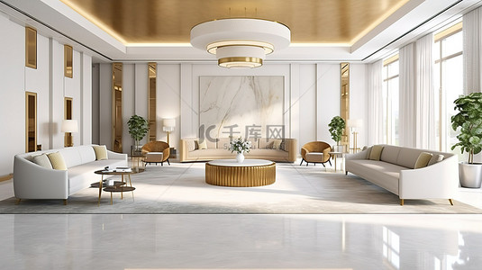 豪华的金色控制台与明亮通风的大堂空间相映成趣，大堂空间装饰别致，配有舒适的沙发和扶手椅以及 3D 渲染的桌子